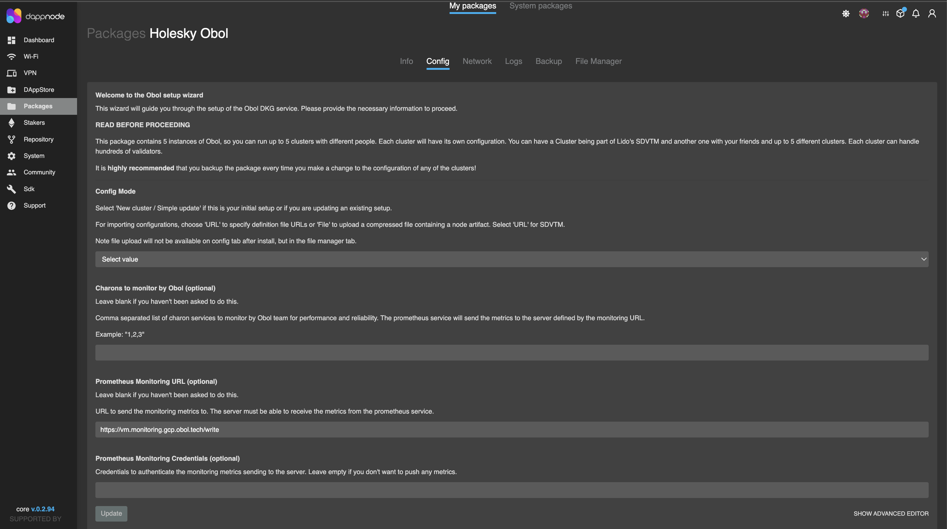 Screenshot of the DappNode config tab for the Obol package.