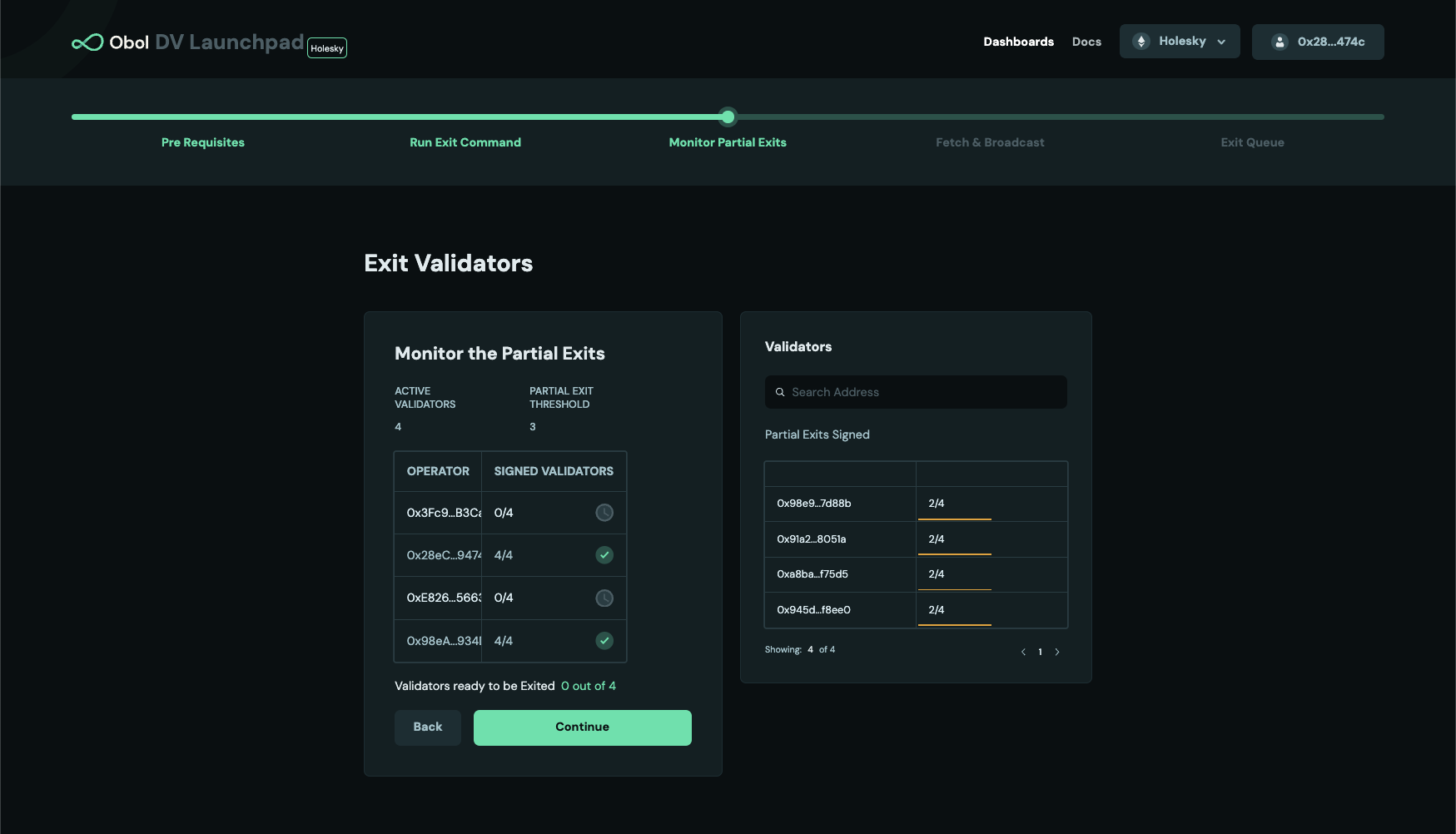Screenshot of the DV Launchpad showing partial exit signatures collected from a threshold of operators.
