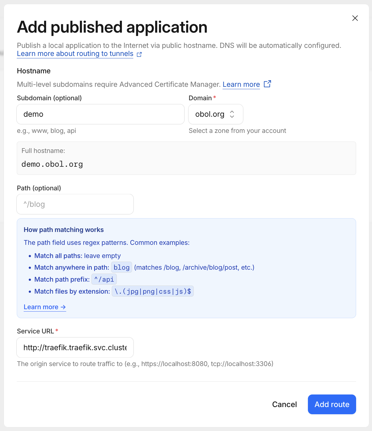 Cloudflare Add published application screen: subdomain and domain fields making demo.obol.org, and a Service URL field pointing at the in-cluster Traefik address.
