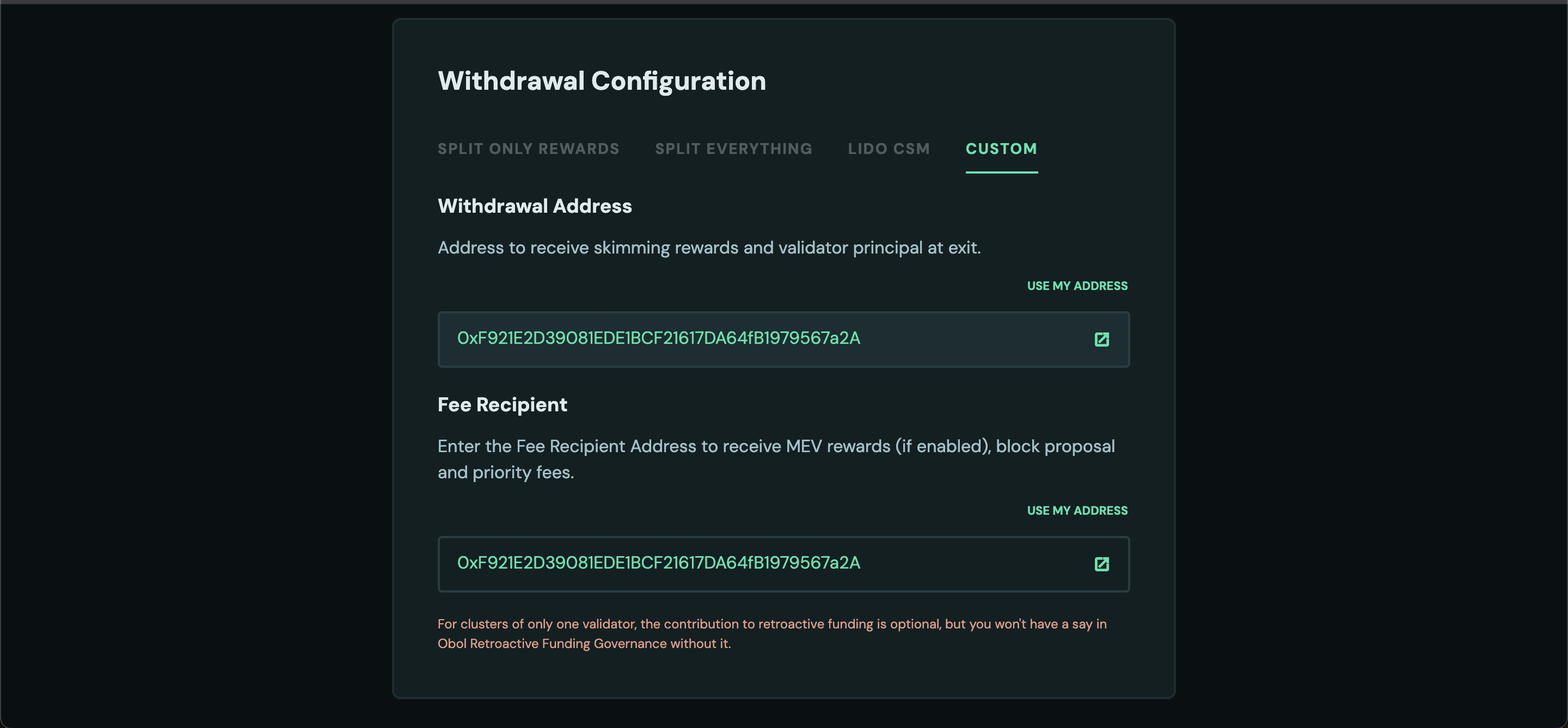 Screenshot of the DV Launchpad's custom withdrawal configuration form for a Lido stVault deployment.