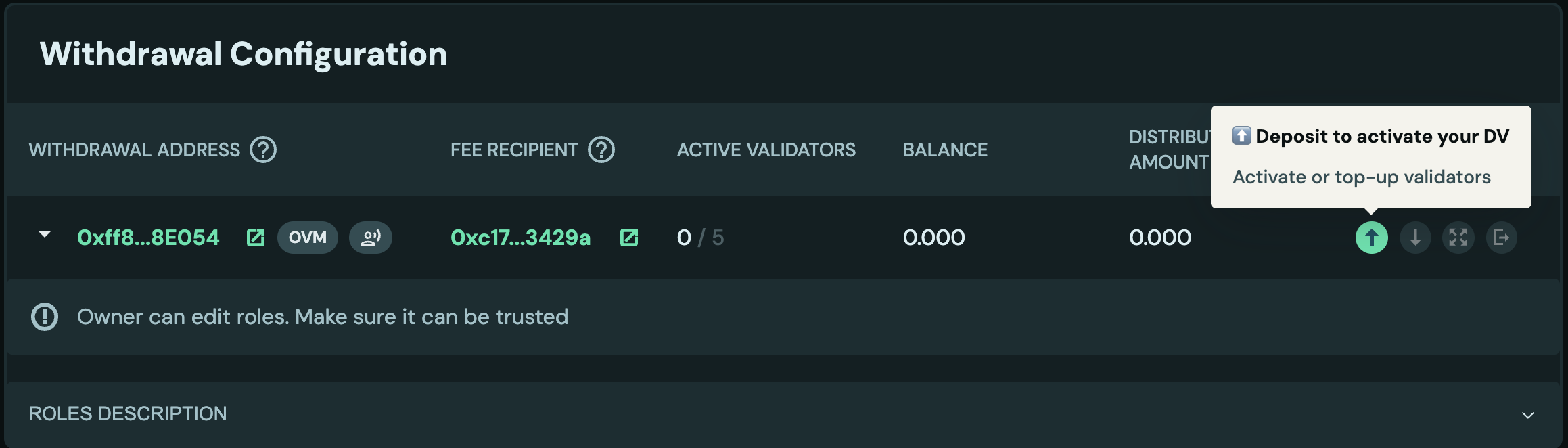 Screenshot of the DV activation flow indicating that OVM users must use the DEPOSIT_ROLE wallet to perform deposits.
