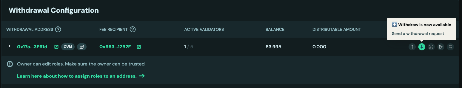 Screenshot of the withdrawal button in the cluster validators table on the DV Launchpad.