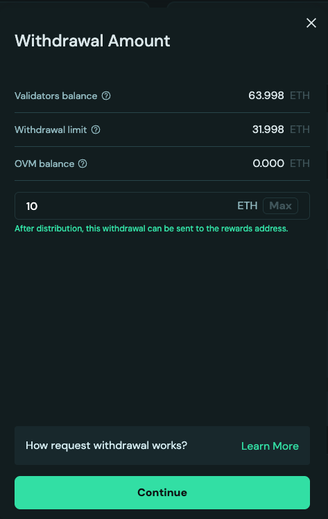 Screenshot of the withdrawal amount entry form on the DV Launchpad.