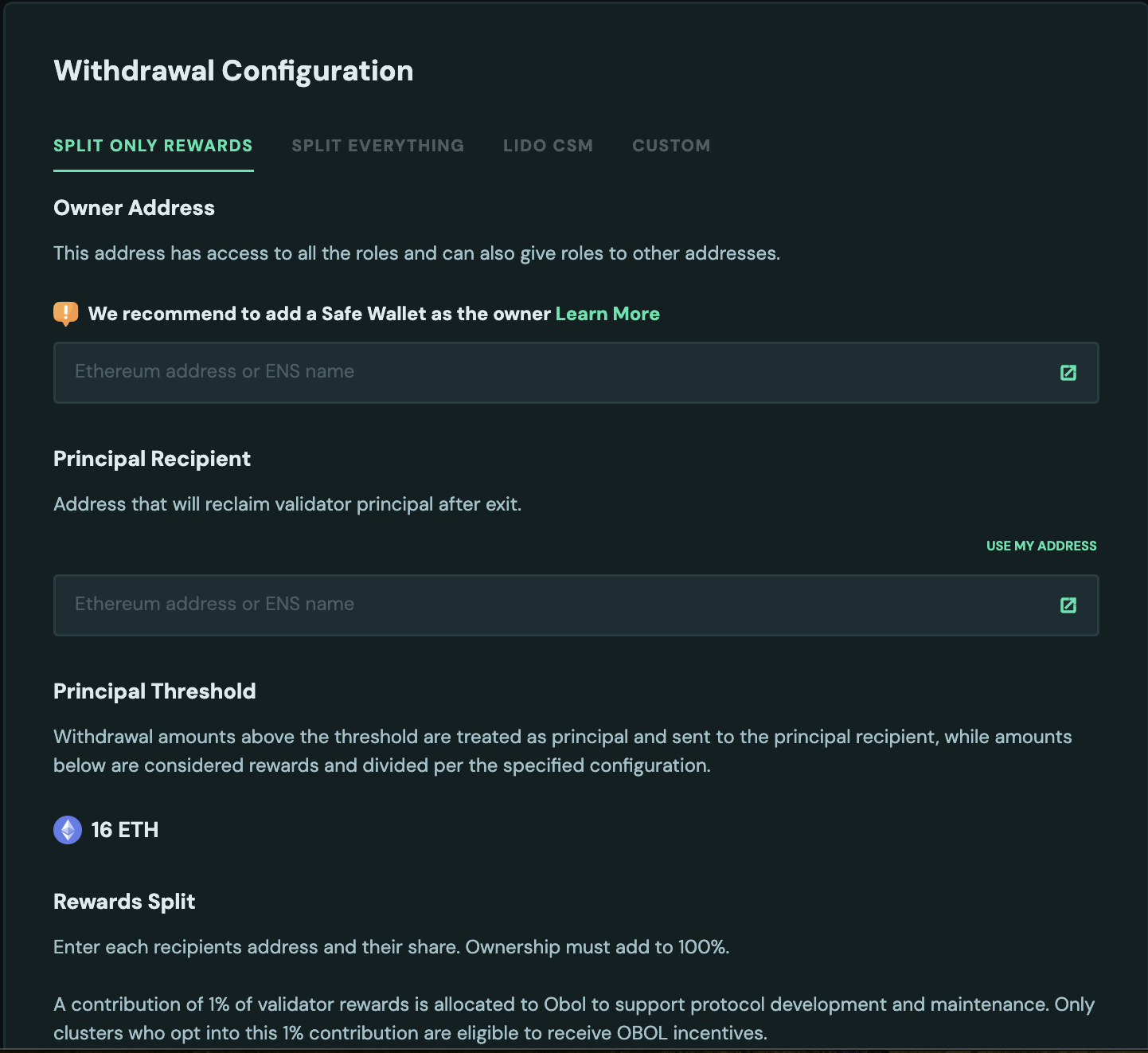 Diagram of withdrawal-configuration options for a DV cluster — standard withdrawal address, Obol Splits, or Obol Validator Manager.
