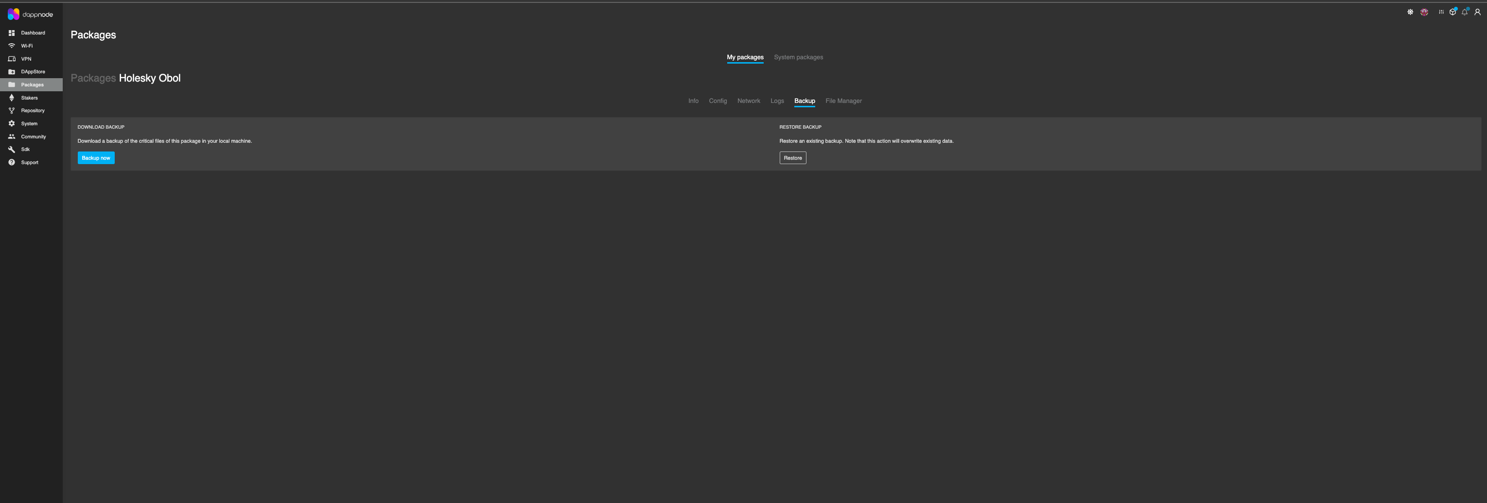 Screenshot: Navigate to the backup tab inside the Obol package.