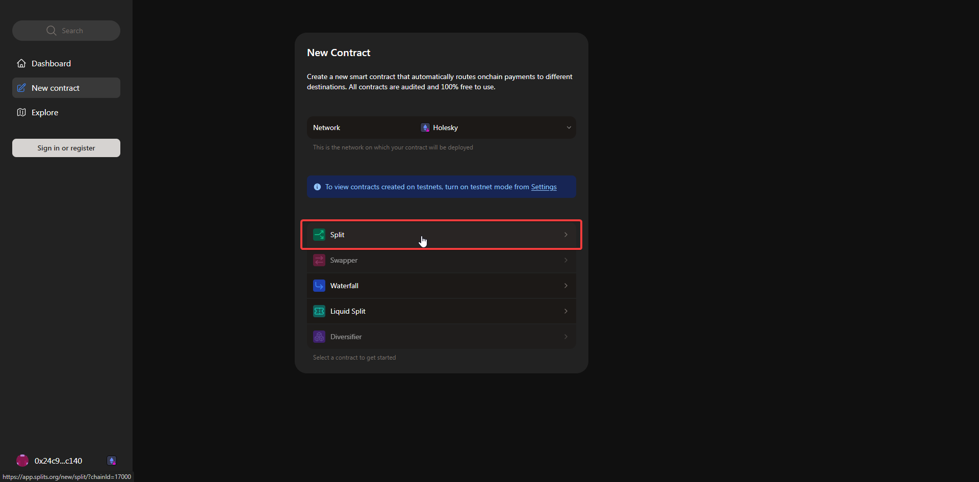 Screenshot: Select Split for the contract type.