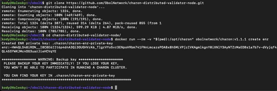 Screenshot: docker run --rm -v "$(pwd):/opt/charon" obolnetwork/charon:v1.10.0 create enr.