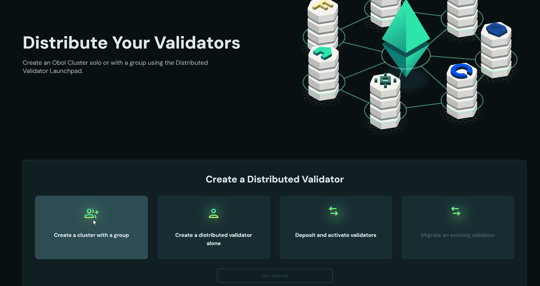 Screenshot: To start, the squad leader opens the DV Launchpad, then connects their wallet and chooses Create a cluster with a group.