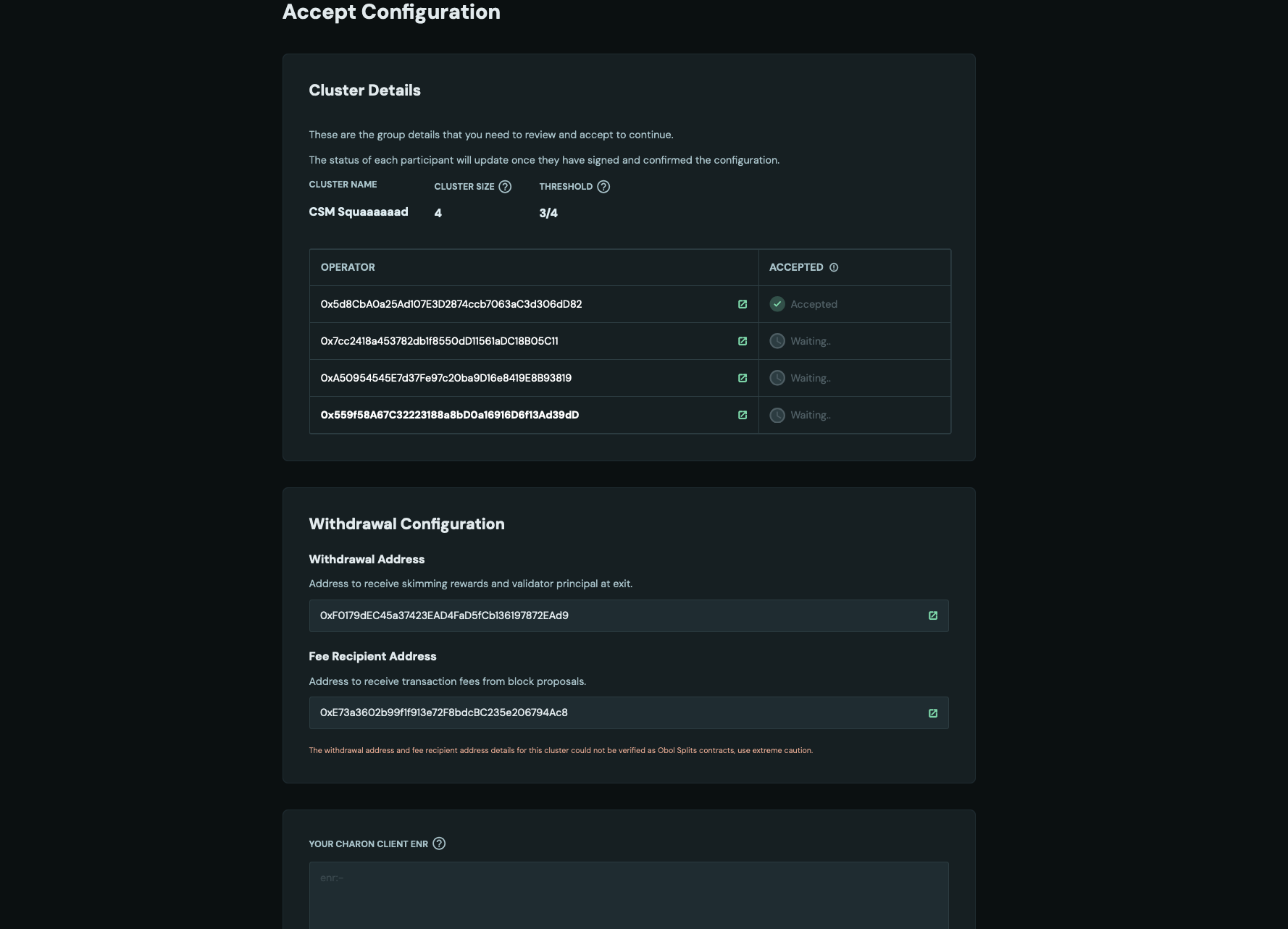 Screenshot: All squad members need to open the cluster invitation link, connect their wallet, accept all necessary advisories, and to verify the cluster configuration is correct with a…