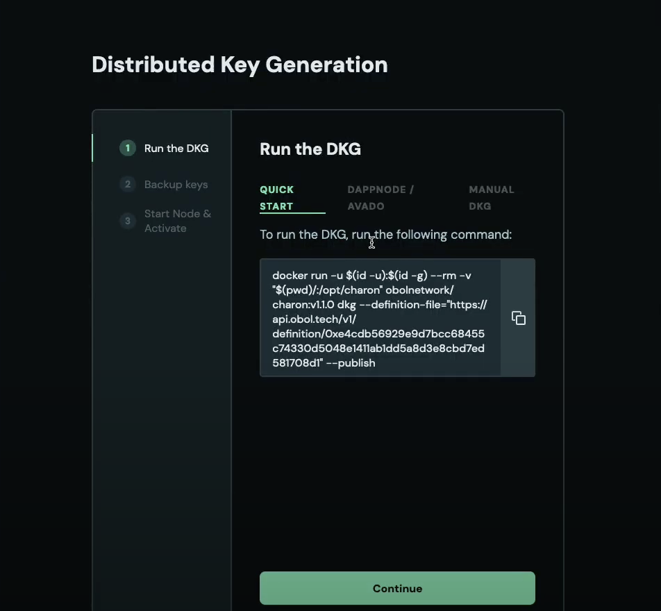 Screenshot: On the next page, they will find a CLI command which is used to begin the Distributed Key Generation (DKG) ceremony. All members need to synchronously complete this step.