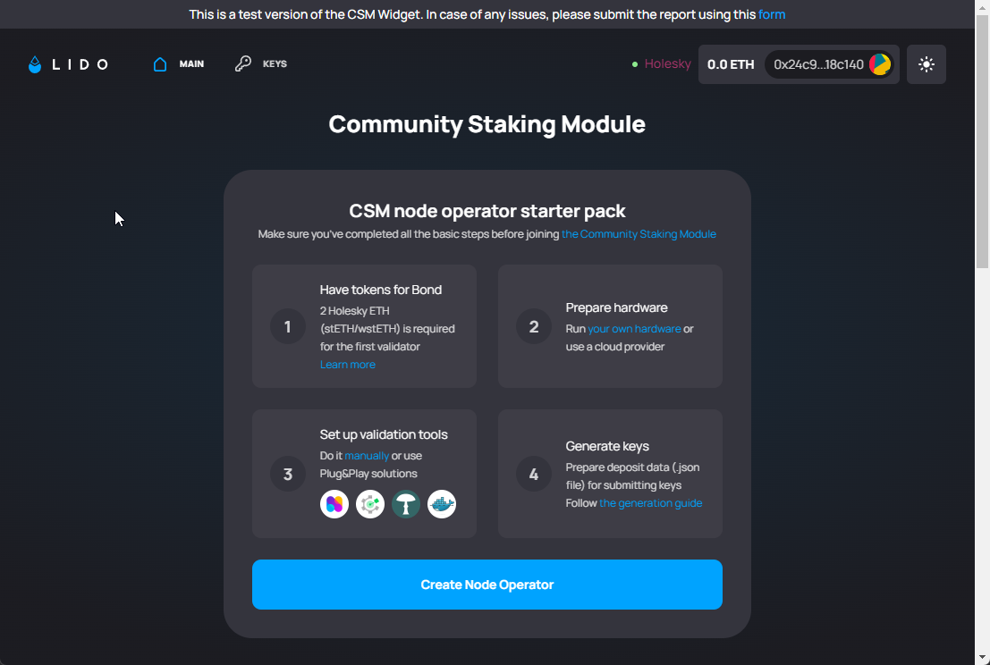 Screenshot: The ICS member clicks on the Create Node Operator button.