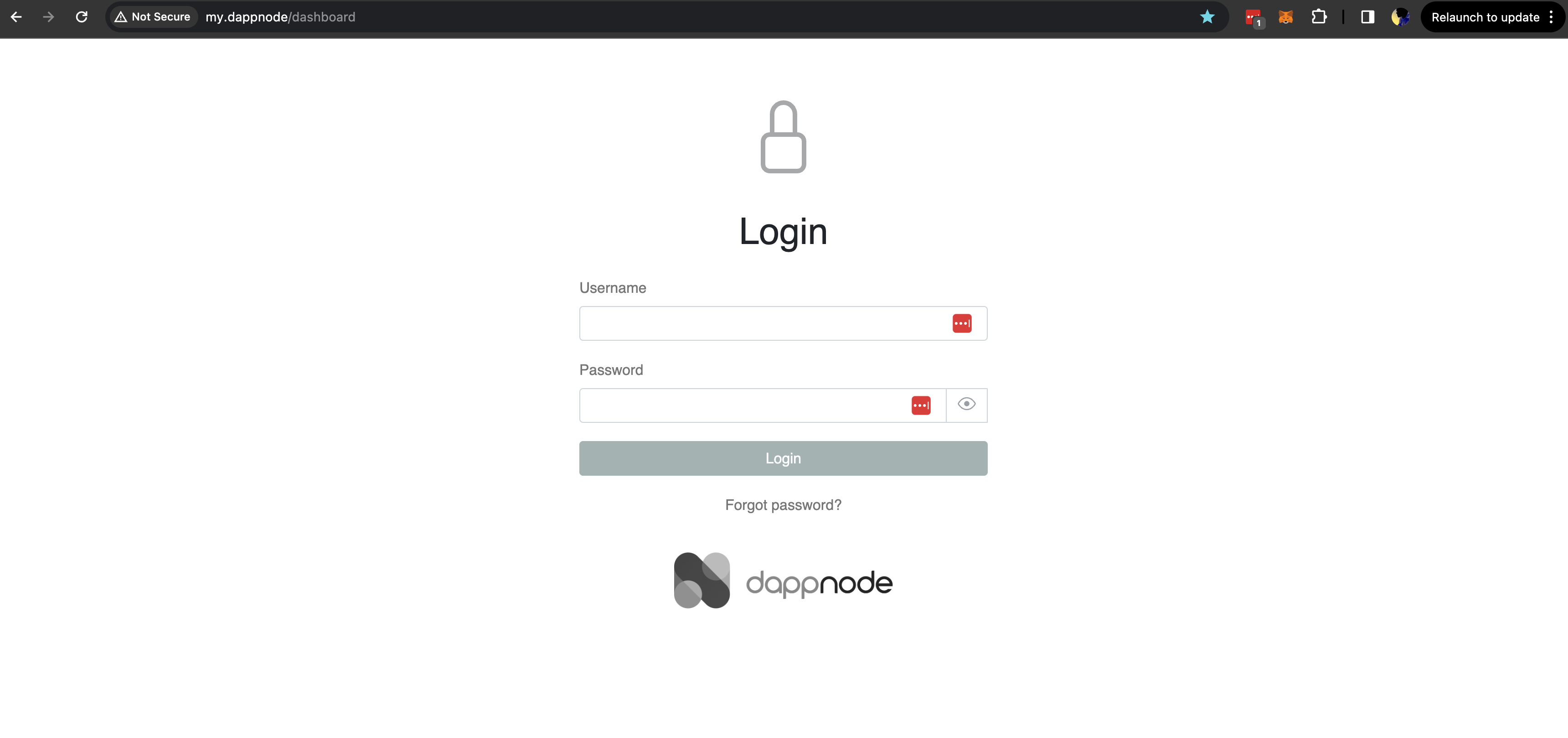 Screenshot: Login to the DappNode Interface.
