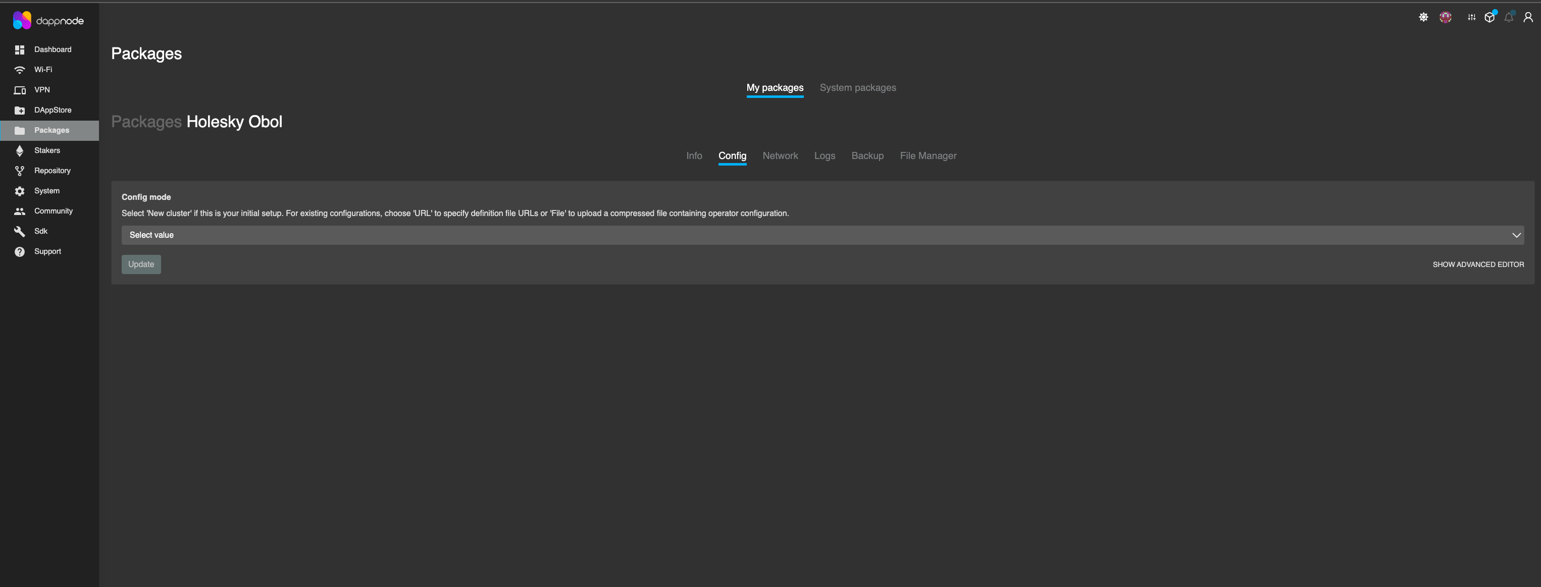 Screenshot: To run the Distributed Key Generation ceremony using a DappNode, you must paste the cluster definition URL into the Obol Package interface. Go to the 'Config' tab, select 'URL'…