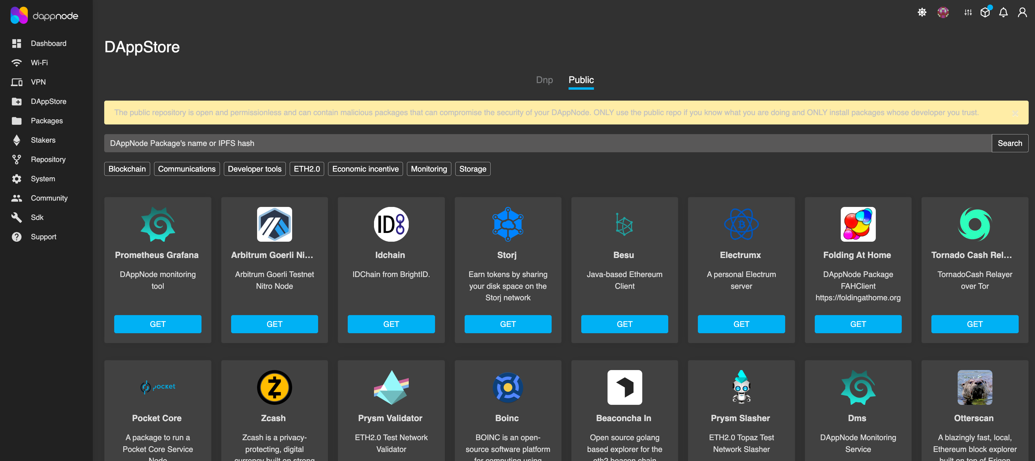 Screenshot: Go back to DappNode Dashboard > Dappstore, select the 'Public' tab, and accept the terms & conditions before proceeding.