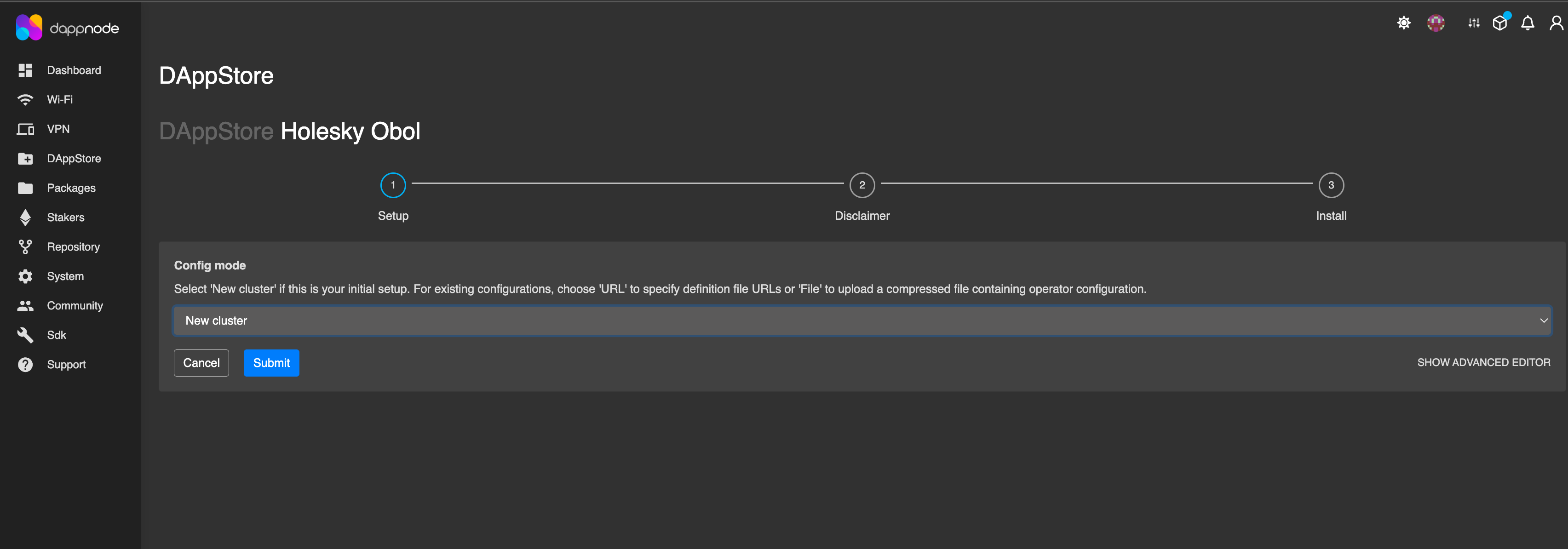 Screenshot: Click 'Install' & in the config mode page > select new cluster & submit. (if you already have the config URL, you can select URL option.).