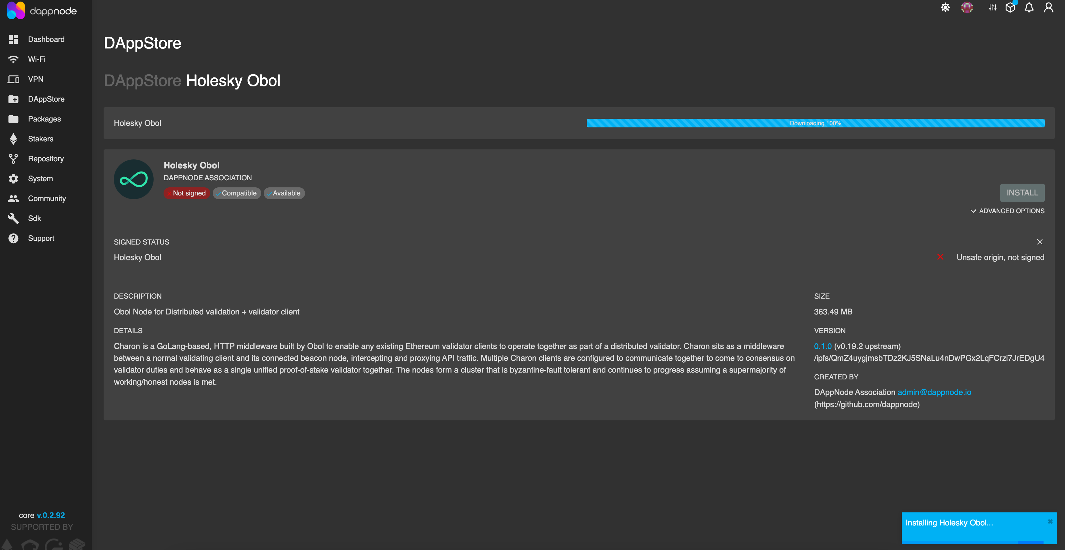 Screenshot: Accept the terms & conditions and the install process will begin.