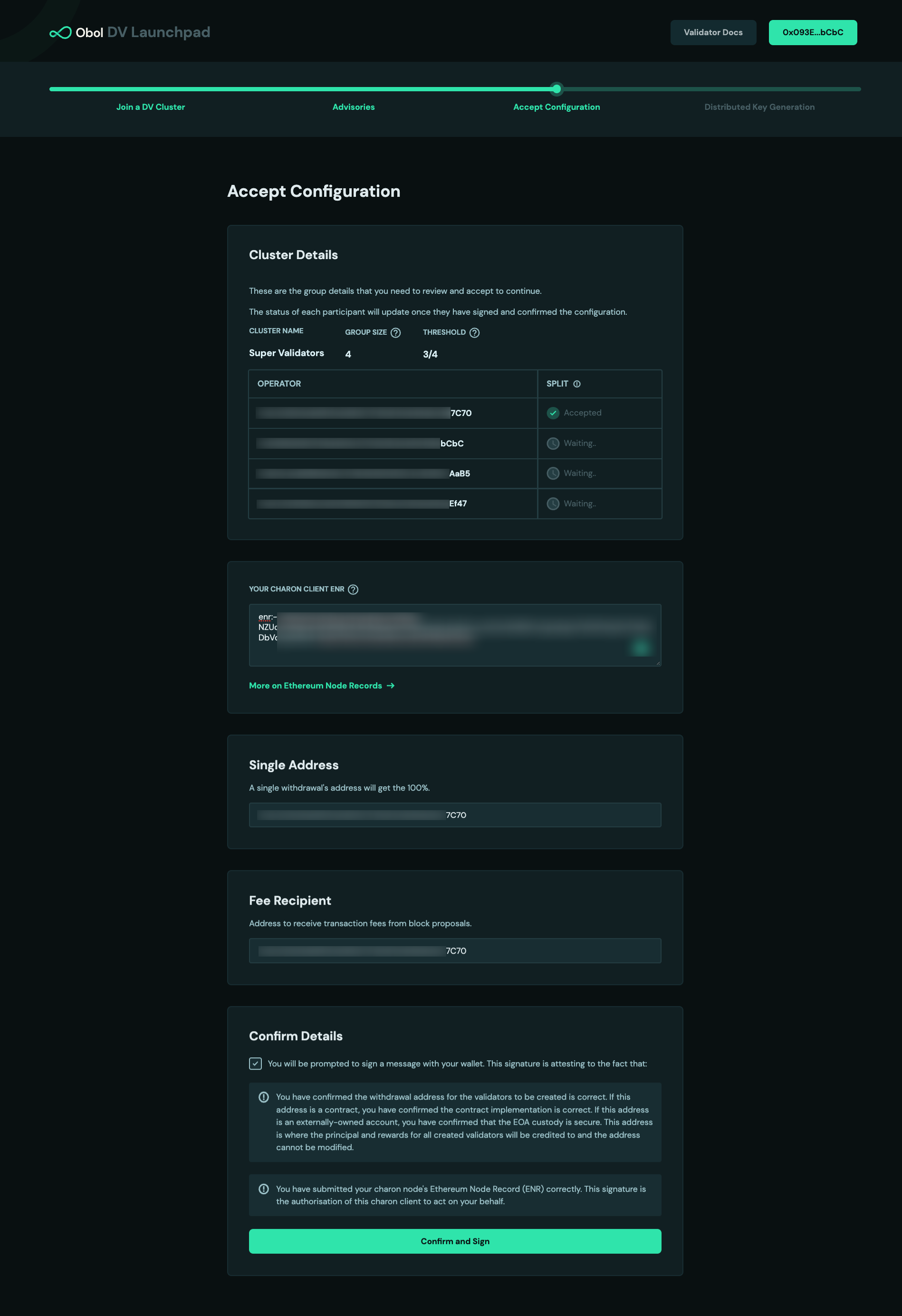Screenshot: Review the cluster configuration set by the creator and add your ENR that you generated in step 1.\.