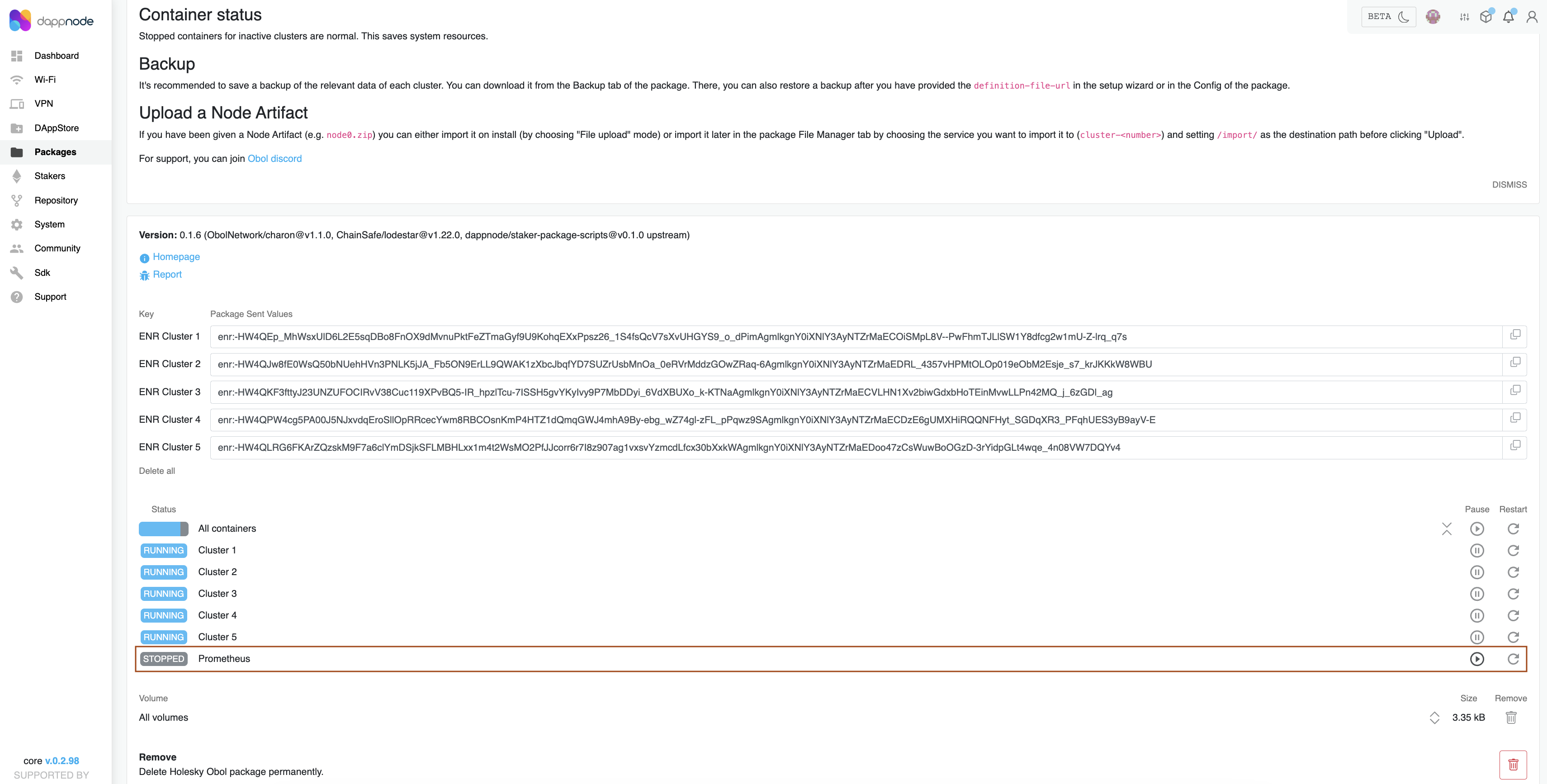 Screenshot: Return to the Info tab, scroll down to the Containers section, and click the down arrow to view all container statuses. If the Prometheus container is stopped, please restart it.