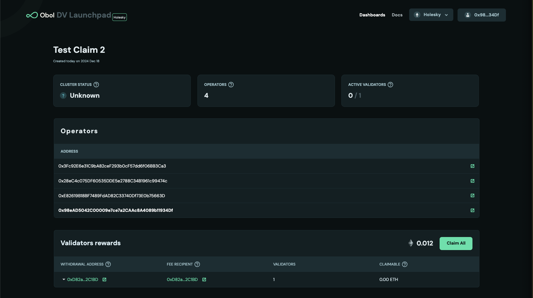 Screenshot: If your cluster has multiple OWRs (one per validator), you will see a separate Distribute button for each OWR. You need to distribute from each OWR individually before claiming…