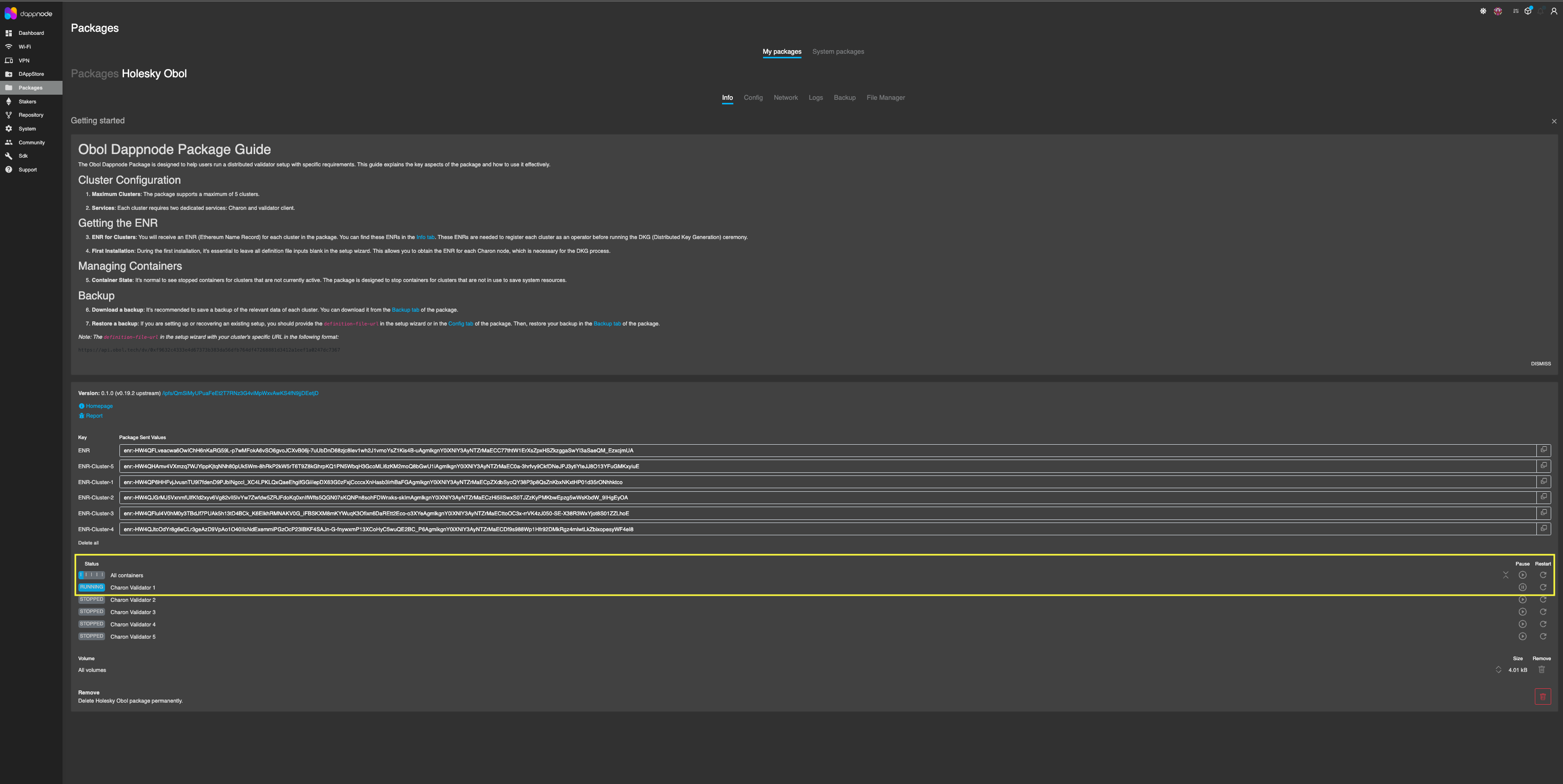 Screenshot: After DappNode records the cluster definition URL, go back to the 'Info' tab and restart the Charon container.