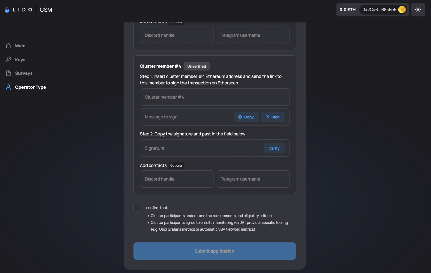 Screenshot: The bottom of the IDVTC application form showing Cluster member #4 verification, the I confirm that checkbox listing eligibility and monitoring criteria, and the Submit application button.